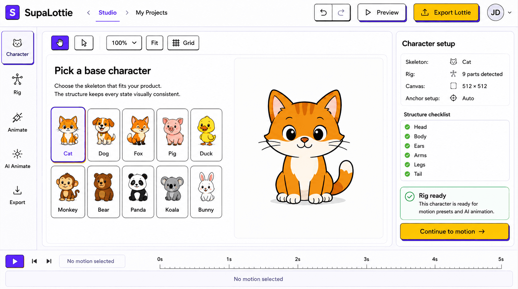 SupaLottie character builder showing a cat base character selected with other mascot options